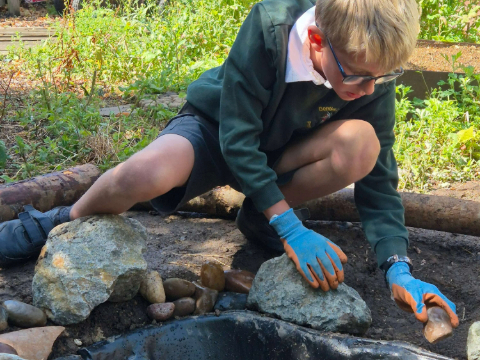 Child adds stones to pond