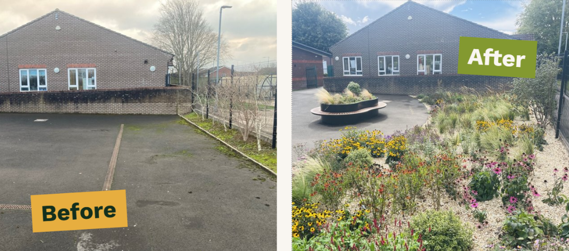 A before and after image of a school