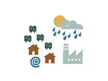 Illustrations of weather, house, water and factory representing climate change