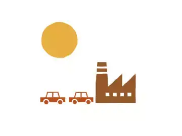 Illustrations of cars, a factory and the sun