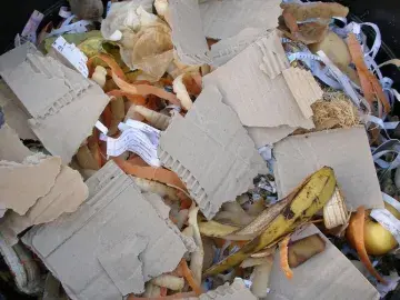 Close up of cardboard, paper and food waste for worm food