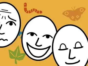 3 cartoon faces showing a worried, happy and calm expression on a coloured background
