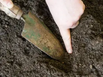 a pair of hands digging in soil with a trowel