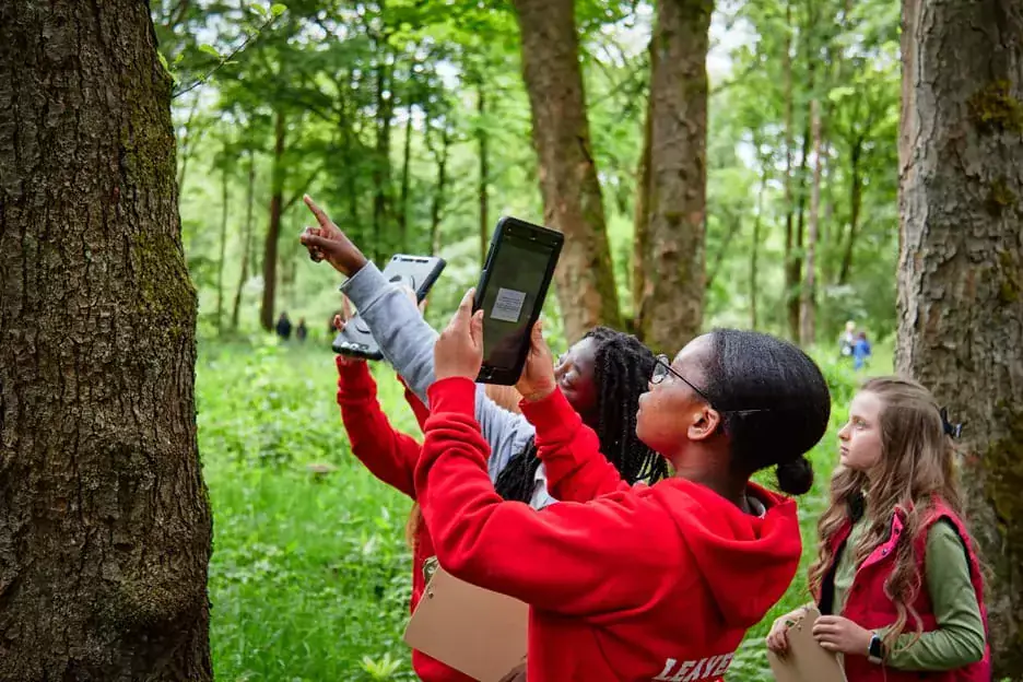 Two students use a tablet to observe a tree