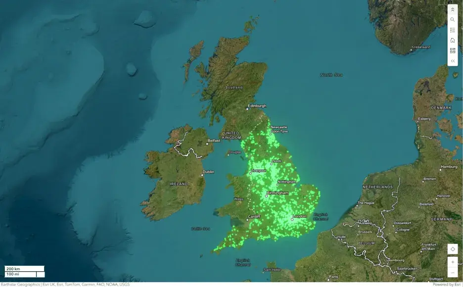 Map of England with glowing school sites 30 June 2025