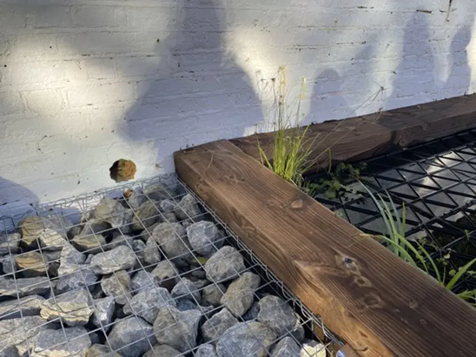 A pond with a hole in the wall next to it